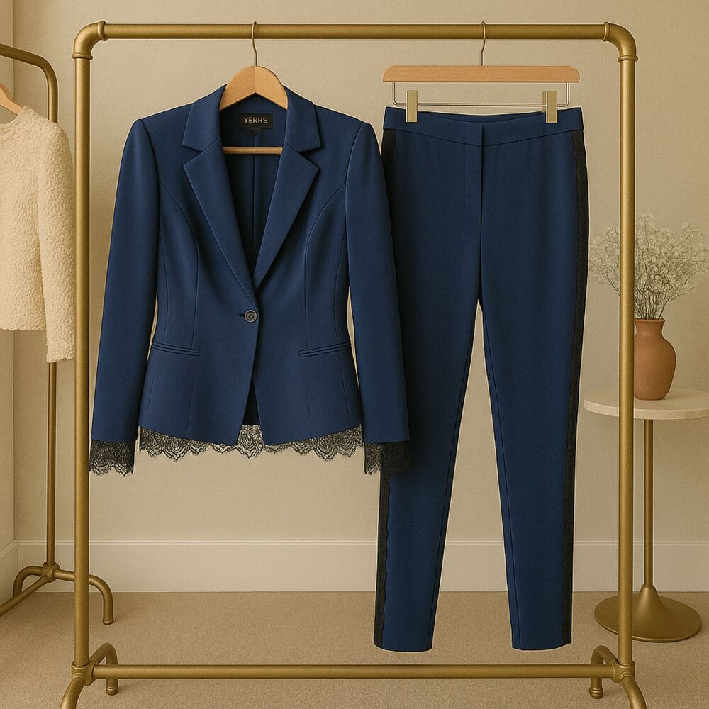 VENUS Navy Lace Trim Blazer & Pants Set – Size 14
